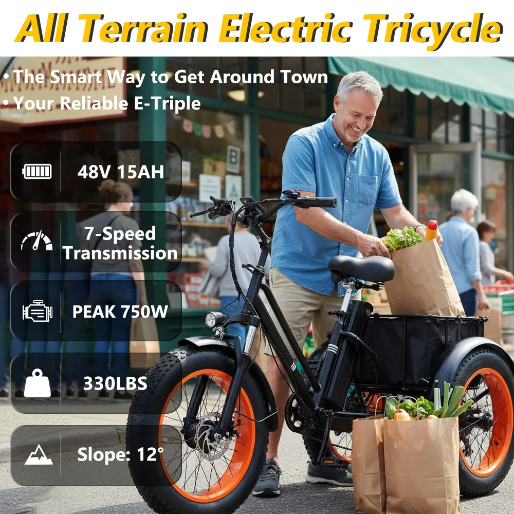 دراجة ثلاثية العجلات كهربائية للبالغين، دراجة كهربائية بقدرة 500 وات، دراجة كهربائية، مقاس 20 بوصة × 4.0 بوصة، دراجة كهربائية بإطارات عريضة، دراجة كهربائية ذات 3 عجلات