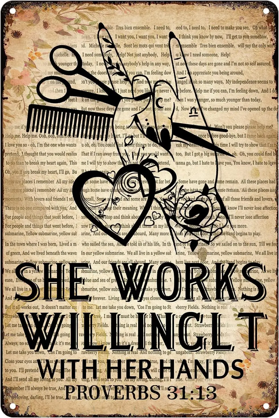 She Works Willingly with Her Hands Metal Tin Sign Wall Decor Retro Hairstylist Art Signs for Home Salon Baber Decor Gifts 8 x 12