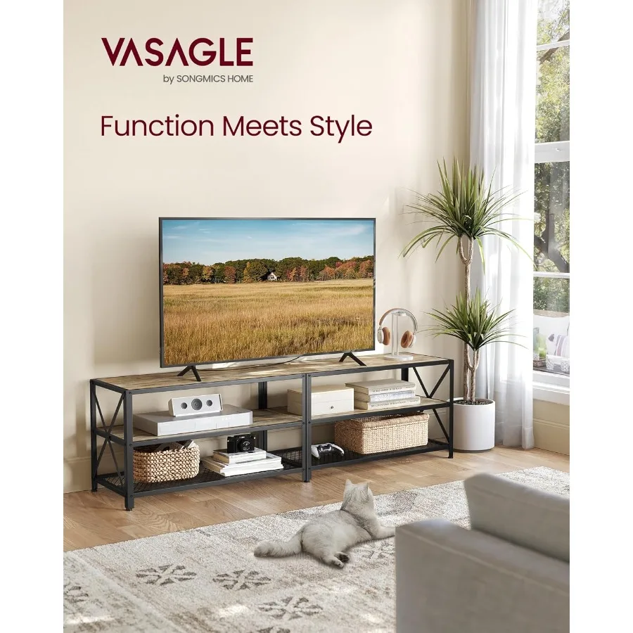 حامل تلفزيون لأجهزة التلفاز حتى 75 بوصة 70.1 بوصة وحدة تحكم تلفزيون واسعة مع أرفف تخزين إطار فولاذي تركواز بني وأسود معيشة #3