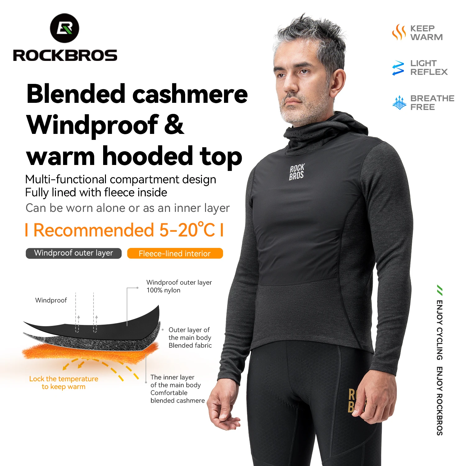 

ROCKBROS Winter Cycling Jersey Windproof Warm Thermal Cashmere Hoodie Integrated Balaclava Hooded Sweatershirt Cycling Clothing