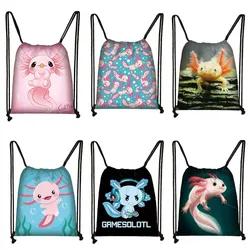 Mochila de dibujos animados Kawaii Axolotl Fish Playing Video Games, nutrias marinas Axolotl/hurón Harajuku, bolsas con cordón, bolsa de viaje de lona