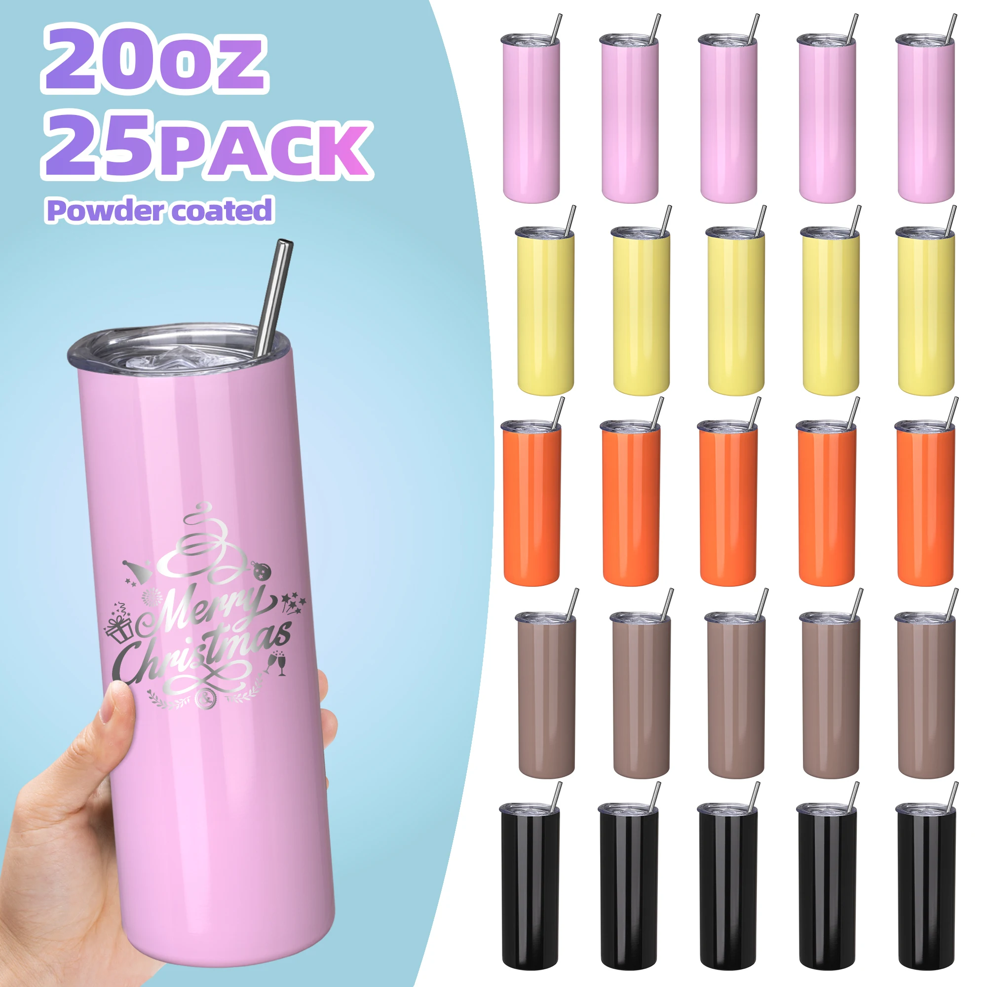 

20 OZ Skinny Tumblers Bulk 25 Pack,Double Wall Powder Coated Travel Coffee Mugs,for Laser Engrave,Ice Drinks and Hot Beverage