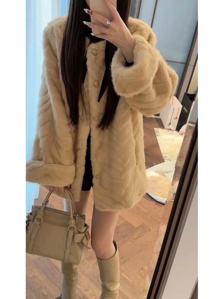 

Ele Vintage Plaid Fur Coat Women's High Quali Material Eco-Friendly Loose Fit Button Closure ort Outerwear
