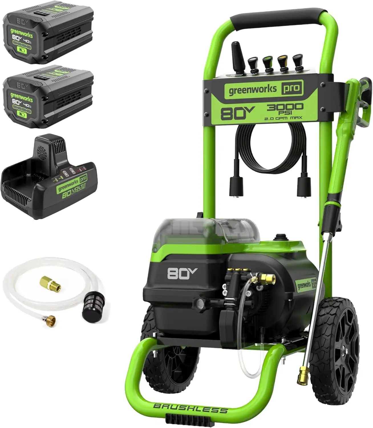 Greenworks 80V 3000 PSI Pressure Washer (2.0 GPM), (2) 4.0Ah Batteries and Dual Port Rapid Charger,  Remove Pesky Dirt