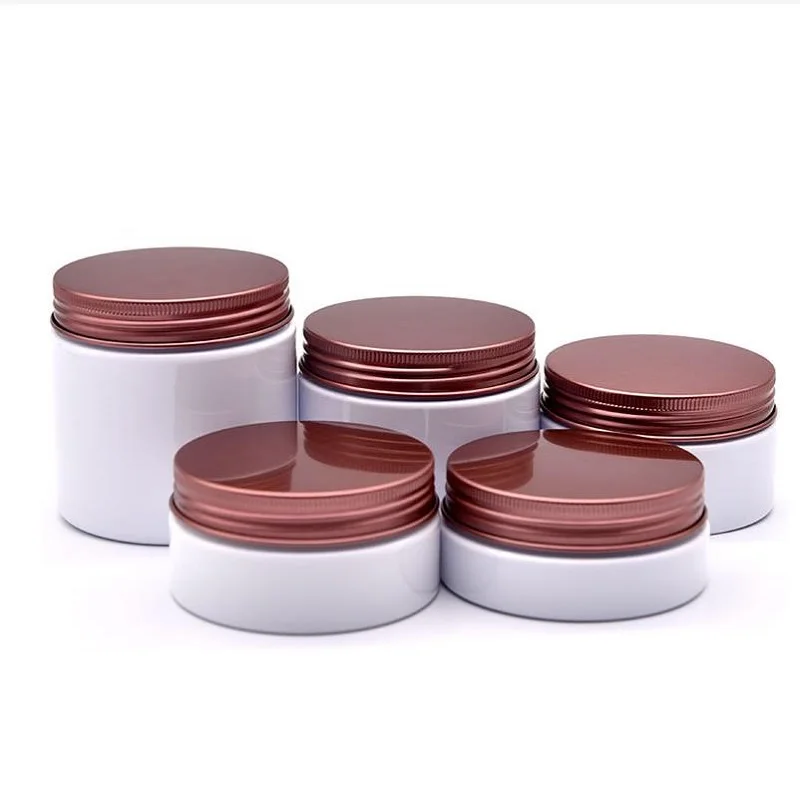 

22pcs Cream Containers Jars Aluminum Bronze Lid Empty White Plastic Cosmetic Pots Wide Mouth Bottles 50ml 80ml 100ml 150ml 200ml