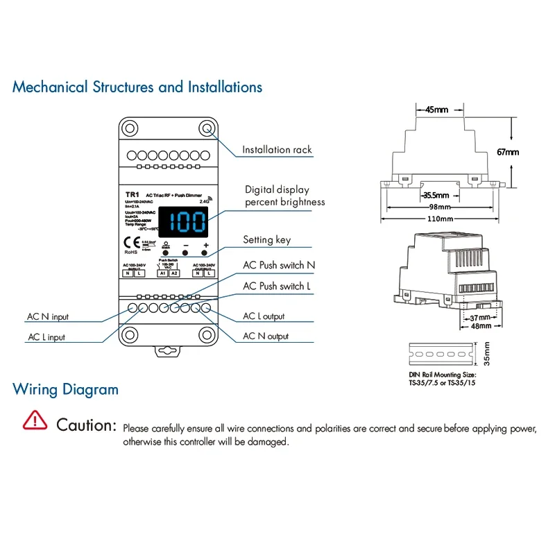TR1 High Voltage single color Led lamps RF Push Triac Dimmer 110V 220V AC Input Trailing Edge Dimming Din Rail Triac Dimmer