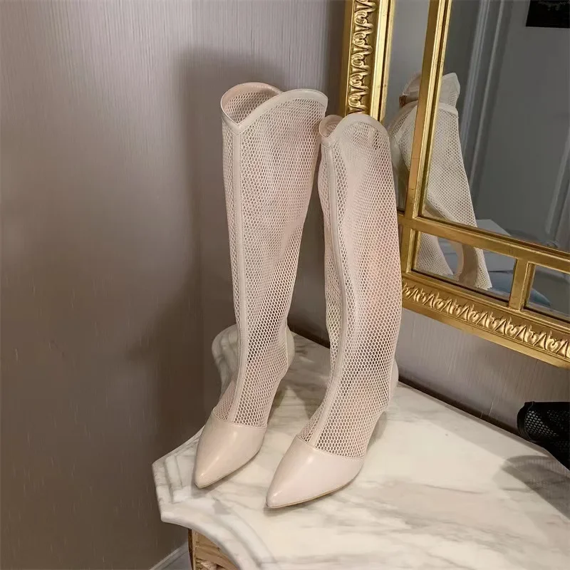 Hollow Out Long Boots Pointed Toe High Heels Zipper Style Women Shoes Fashion Air Mesh Booties Summer Solid Color Mature Pumps