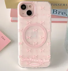 Ins Pink Lattice Bowknot Phone Case For Iphone 12Pro 13 14 15 Pro Max 13Pro 14ProMax 14Pro 15Pro 12 Magnetic Frost Coque Shell