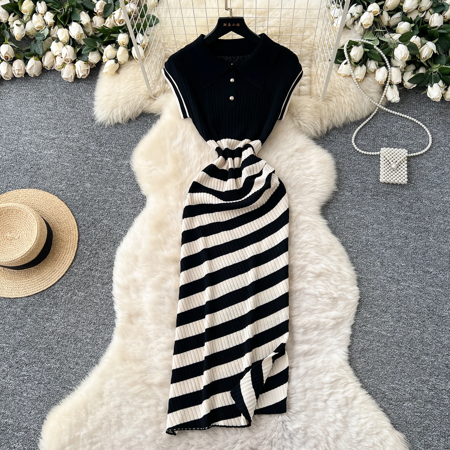 Chic vintage Polo-Neck Knit patchwork split slim Elegant Fairy korean fashion Boho Sundress women clothing dress