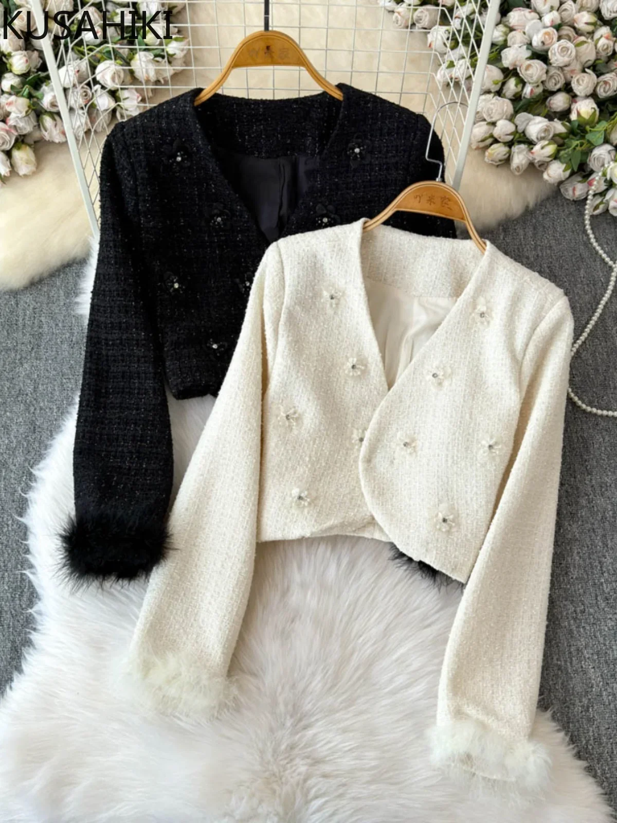 KUSAHIKI Diamond Tassel Woolen Short Coat for Women's Winter Fashion Three-dimensional Flower Splicing Korean Cardigan