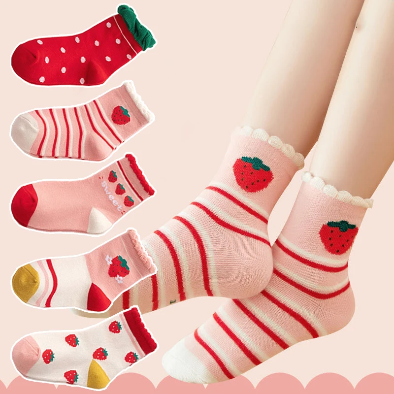 

5Pairs/lot Summer Girl Cotton Socks Korean Strawberry Cute Print Socks Autumn Cartoon Breathable Sock for 1-12Yrs Children Socks