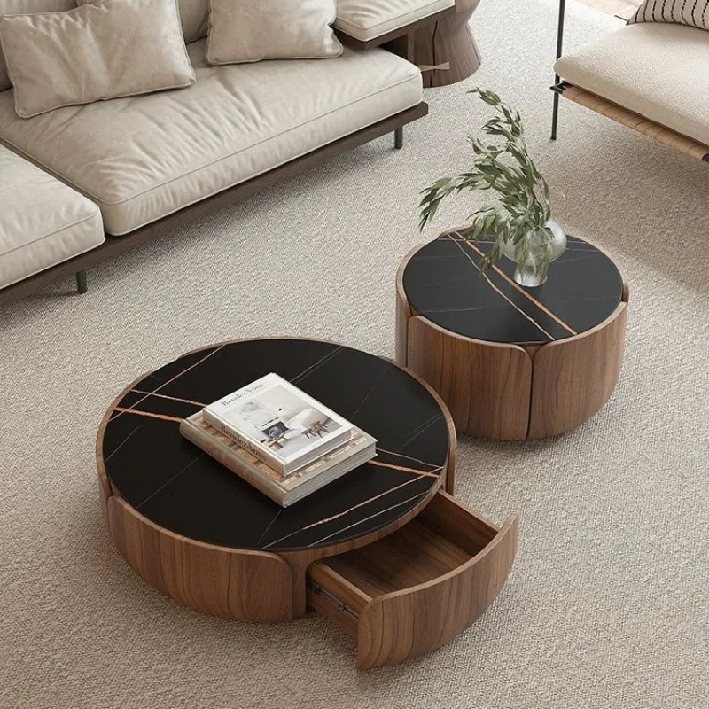 طاولة قهوة مستديرة من الخشب الصلب، مجموعة غرفة المعيشة المنزلية، شقة صغيرة، بلاطة صخرية فاخرة خفيفة #3