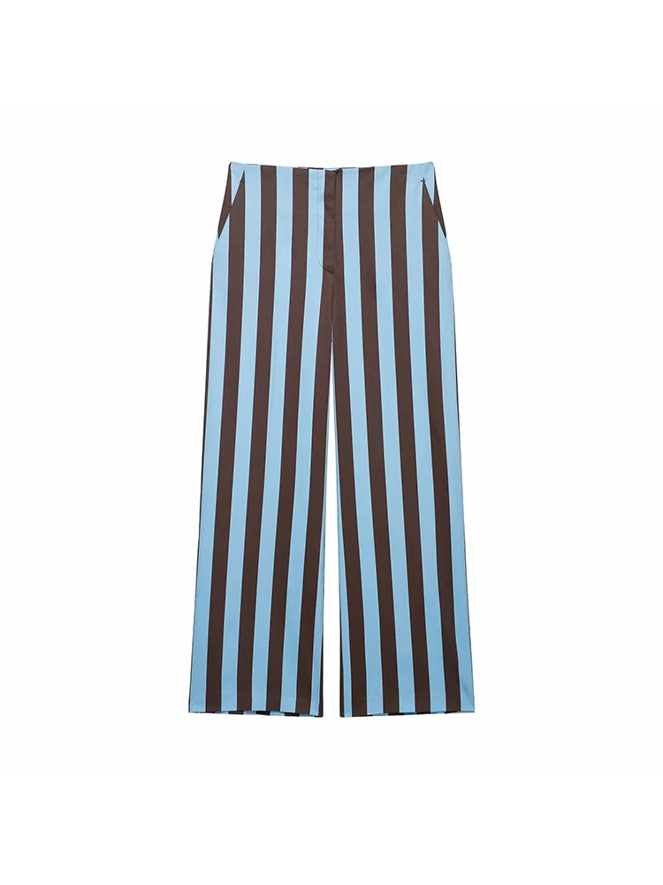 Women Fashion Summer 2026 Women Striped Casual Suit Knots Straight Vest+Zipper Pockets Long Pants Vintage Female Chic Lady Suits - view 5