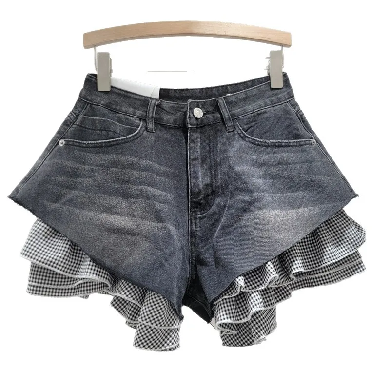 Estilo europeu e americano personalizado denim emenda pequeno xadrez shorts removíveis, shorts jeans de cintura alta para mulheres meninas
