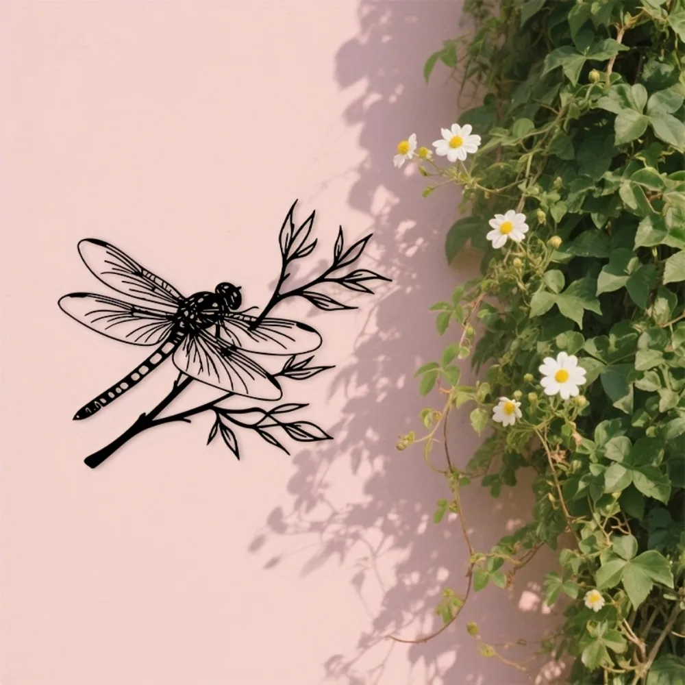 Arte de Pared Metálico de Hierro Negro con Diseño de Libélula y Ramas, Silueta Botánica Plana 2D, Decoración Fácil de Montar para Interiores y Exteriores, Jardín, Sala de Estar, Oficina