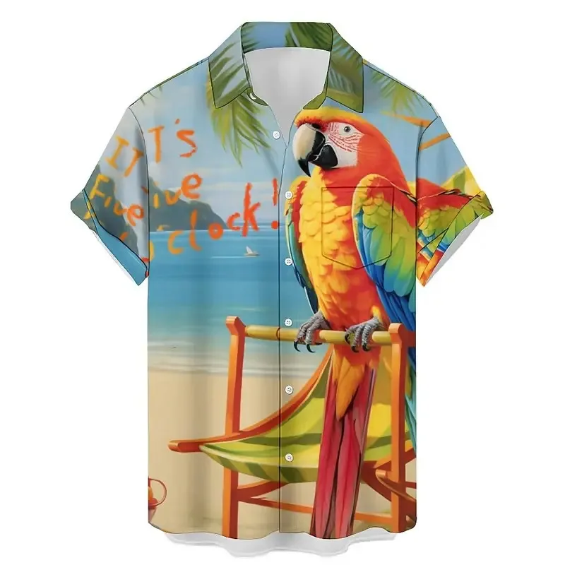 2025 New Men's Shirt 3d Fashion Casual Parrot Bird Print Hawaiian Lapel Button Shirt Short Sleeve Top Homme Harajuku Men's Cloth