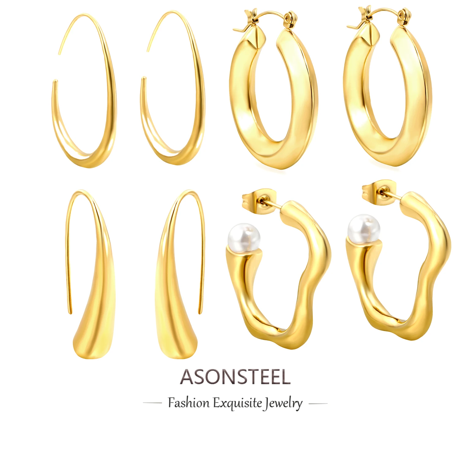 ASONSTEEL Minimalist Stainless Steel Hollow Hoop Earrings Waterproof Metal Temperament Geometric Gold Plated Chic Jewelry Gift