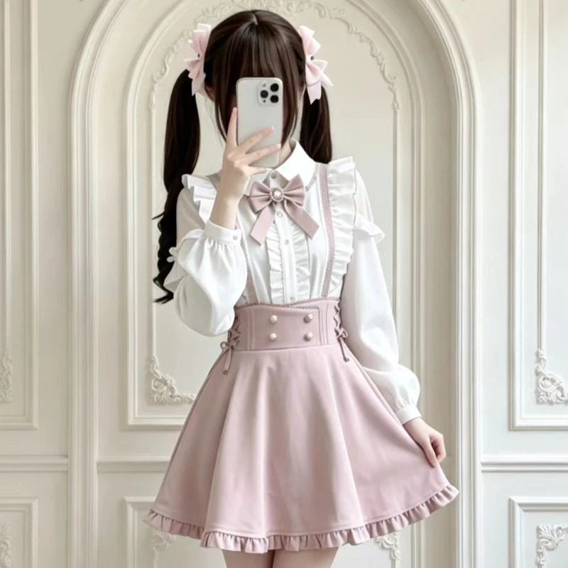 Jirai Kei Kawaii Sweet Lolita 2 Piece Set Women Bow Off Shoulder Bell Sleeve Shirt High Waist Mini Skirt Japan Y2k Princess Suit
