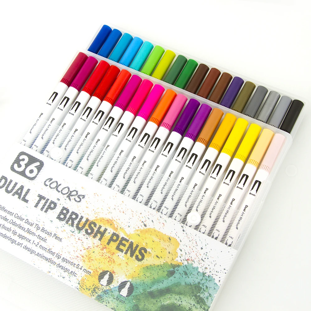 12/24/36 Colors Dual Tip Brush Pens Art Markers Set Flexible Brush & 0.4mm Fineliner Tips Watercolor Color Pens for Artists