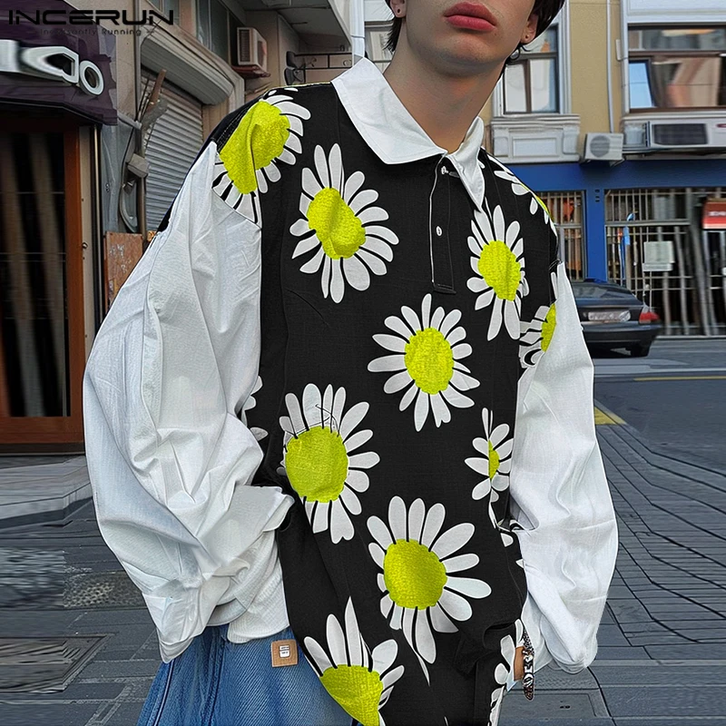 Handsome Well Fitting Tops INCERUN 2024 Mens Floral Print Splicing Shirts Male Personality Loose Long Sleeved Lapel Blouse S-5XL