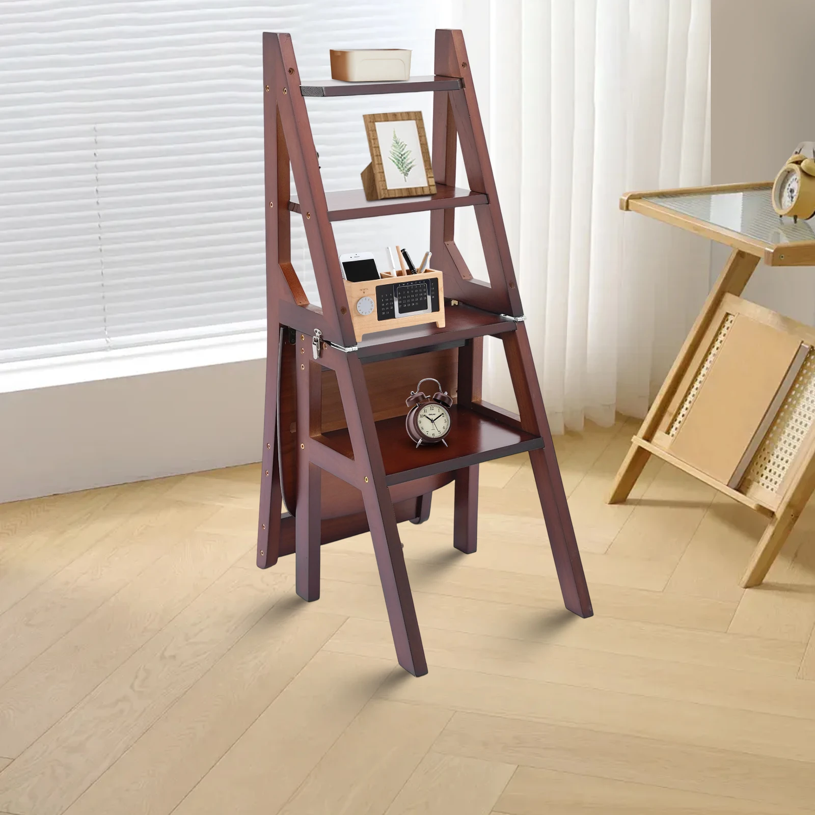 Silla Escalera Plegable 2 en 1, Taburete Multifuncional con Asiento de Madera de Pino para Cocina o Biblioteca, Carga Máxima 100 kg