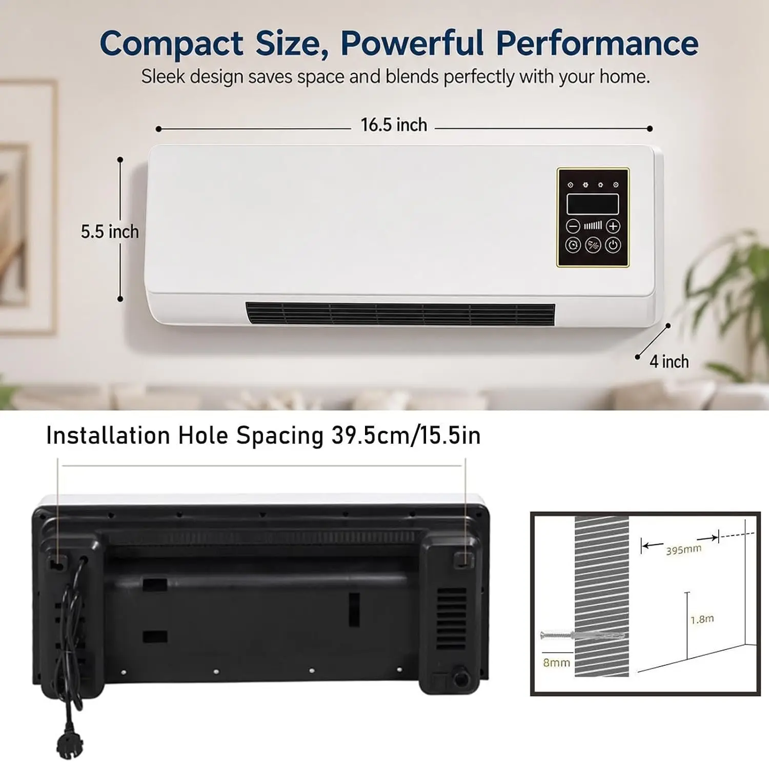 Wall Mounted Air Conditioner 2 in 1 Mini AC Unit Cooling and Heating System, 110V Portable Ductless Fan and Space Heater Combo, Quiet Smart Climate Control for Bedroom RV(White)