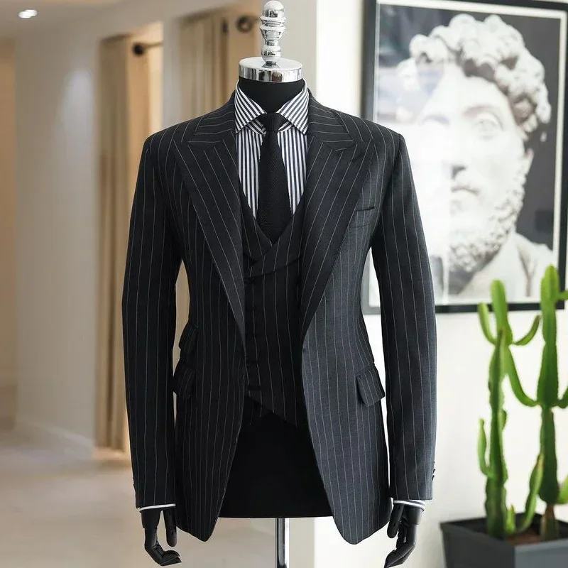 Stripe Men Suits For Business Wedding Tuxedo Custom Groom Male Fashion Costume 3 Pcs (Jacket + Pants + Vest)