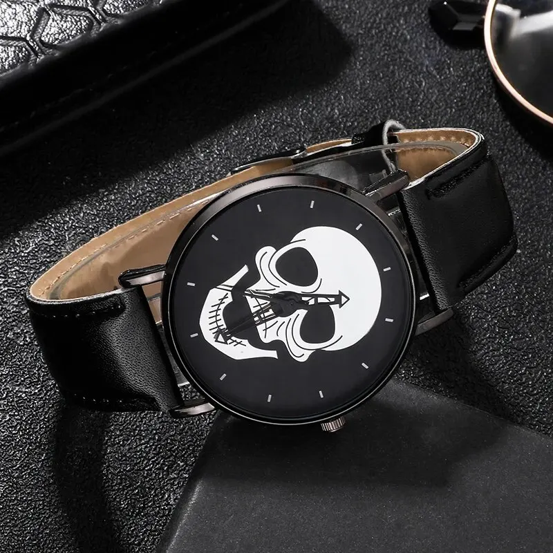 4Pcs Mens Black Watches Skull Pattern Dial Design Luxury Leather Band Quartz Wristwatch Outdoor Casual Sports Watch Relogio