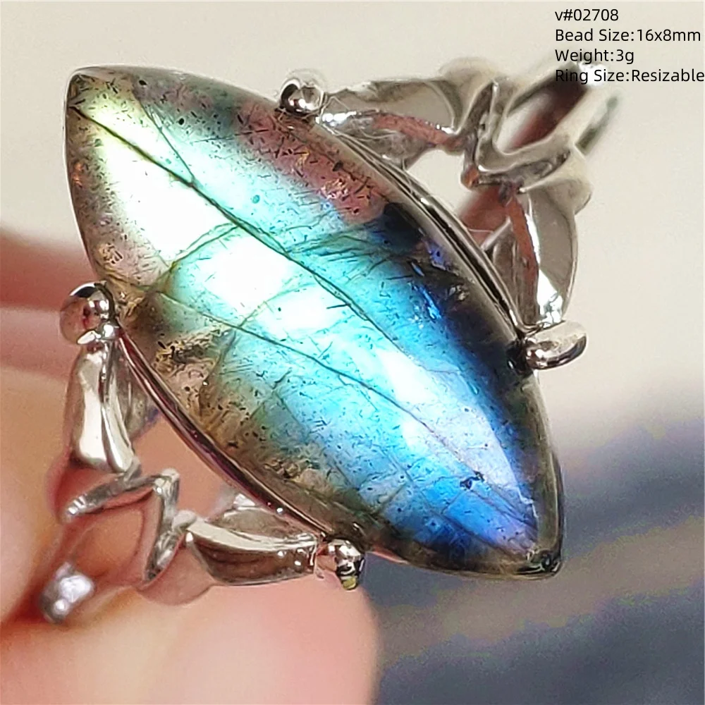Natural Blue Labradorite Adjustable Ring 925 Sterling Silver Colorful Labradorite Ring Stone Bead Women Men Jewelry AAAAA