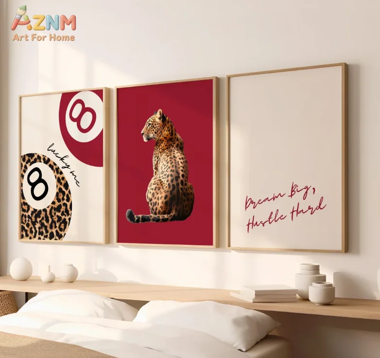 [2D Flat]1/3Pcs Canvas Poster(No Frame!!!), Trendy Red Leopard Print Wall Art Set, 8 Ball, Leopard & Quote Prints, “Lucky Me” an