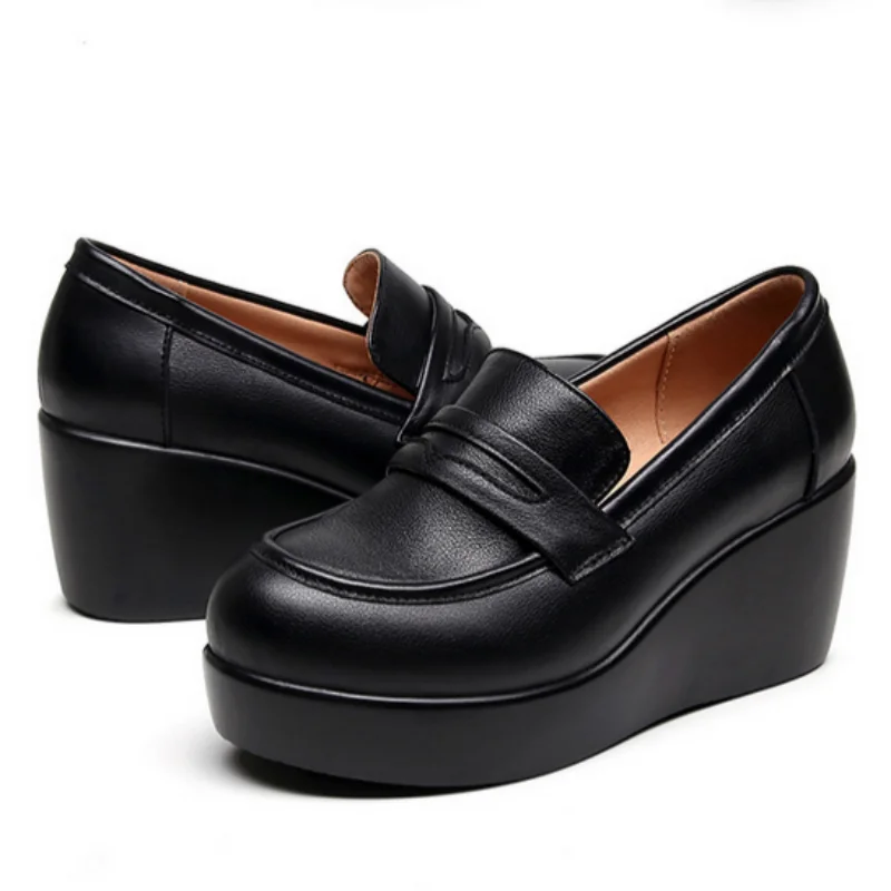 ZXRYXGS 2025 New Autumn Genuine Leather Shoes Woman Thick Sole Increase Shoes Retro Casual Shoes Wedges High Heels Women Shoes