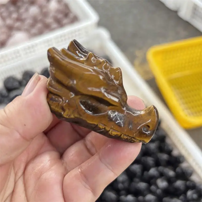 1pcs Natural Yellow Tiger Eye Stone Dragon Skull Carving Statue Quartz Healing Energy Gemstone Crafts For Christmas Gift