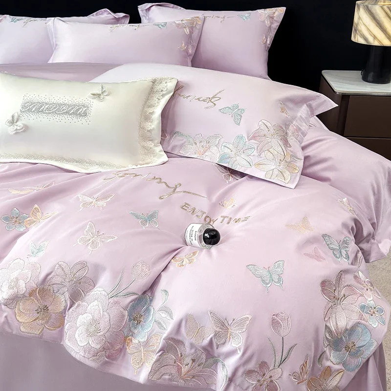 Svetanya Butterfly Flowers Embroidery Underwear Egyptian Cotton Bedding Set 4pcs Sheet Duvet Cover Pillowcase Linens