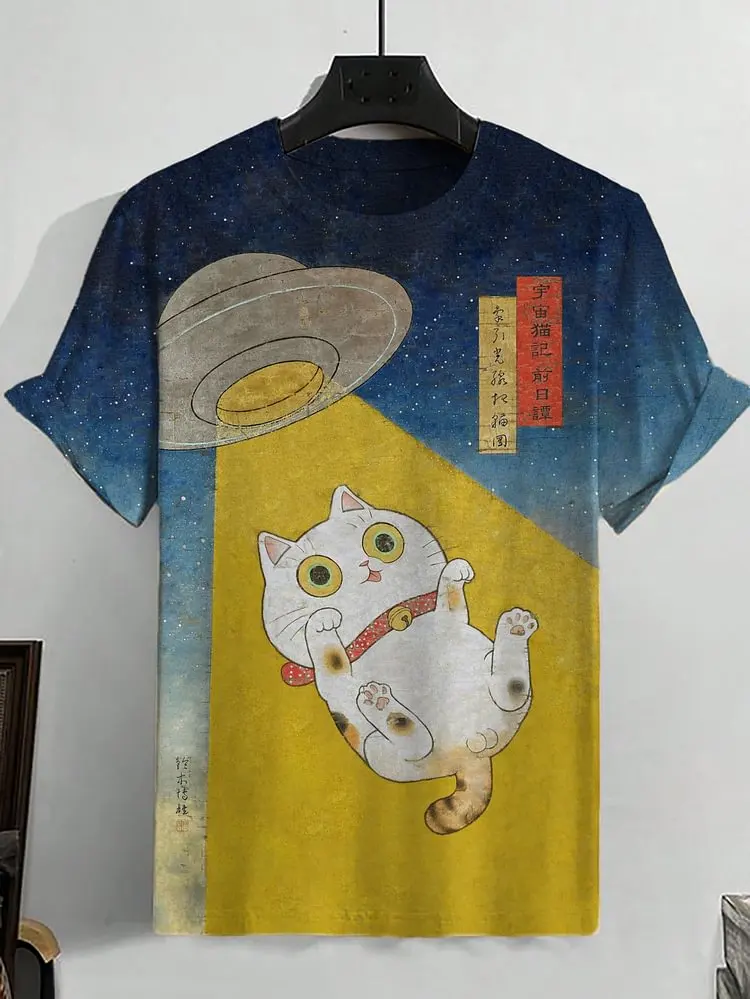 Men's Funny Laser Cat Dinosaur Art 3D Printed t shirts Man Women Short Sleeve O-Neck T-Shirt Oversized Loose Casual Cartoon Tops image 2