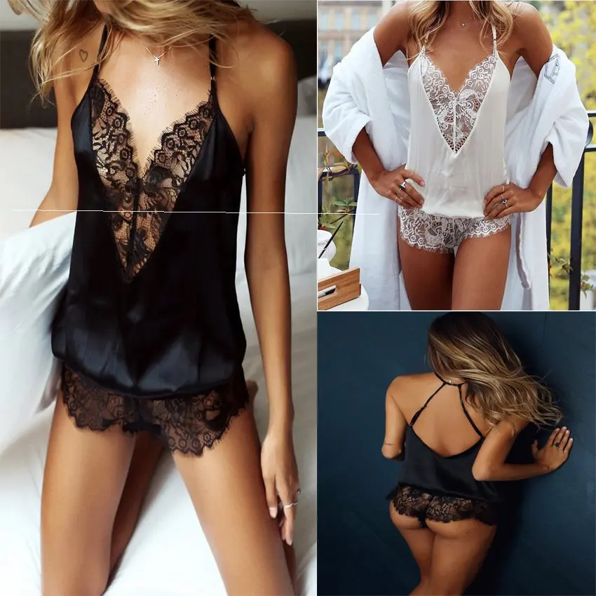 Sexy V-neck Eyelash Lace Sling Jumpsuit Pajamas Autumn Winter Spring Summer No Brand Home Clothes Sleepwear Set