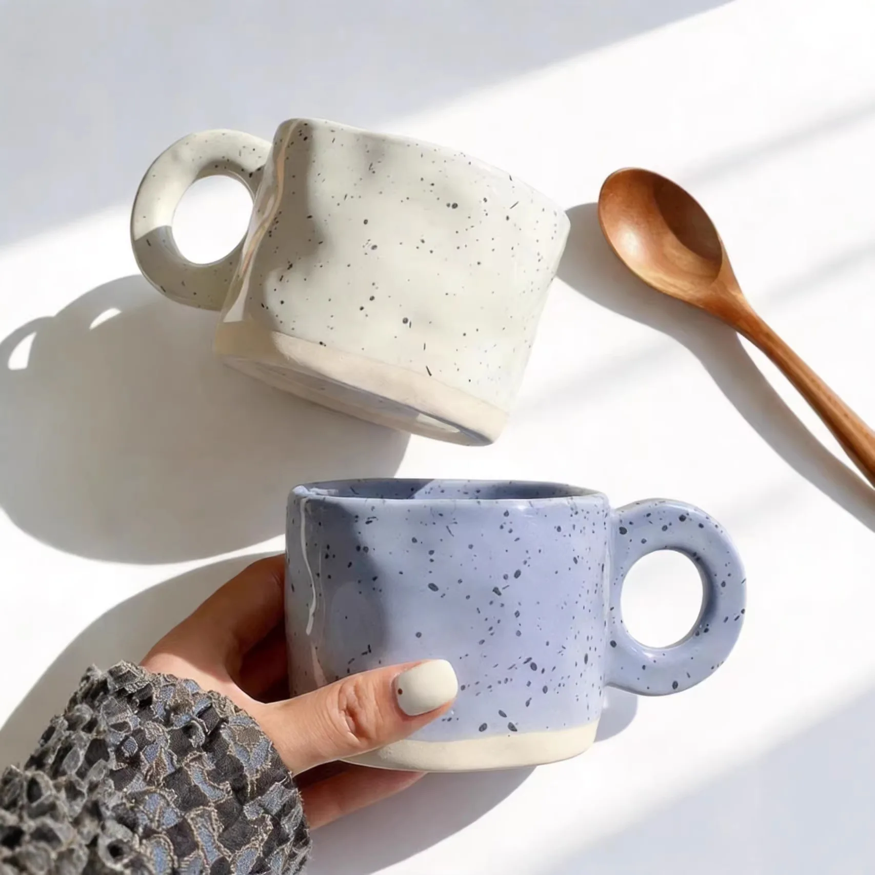 Ceramic Mug Ring Handle Irregular Coffee Modern Print Porcelain Ins Catoon Style Mug Handmade Hot Chocolate Couple Handgrip Cups
