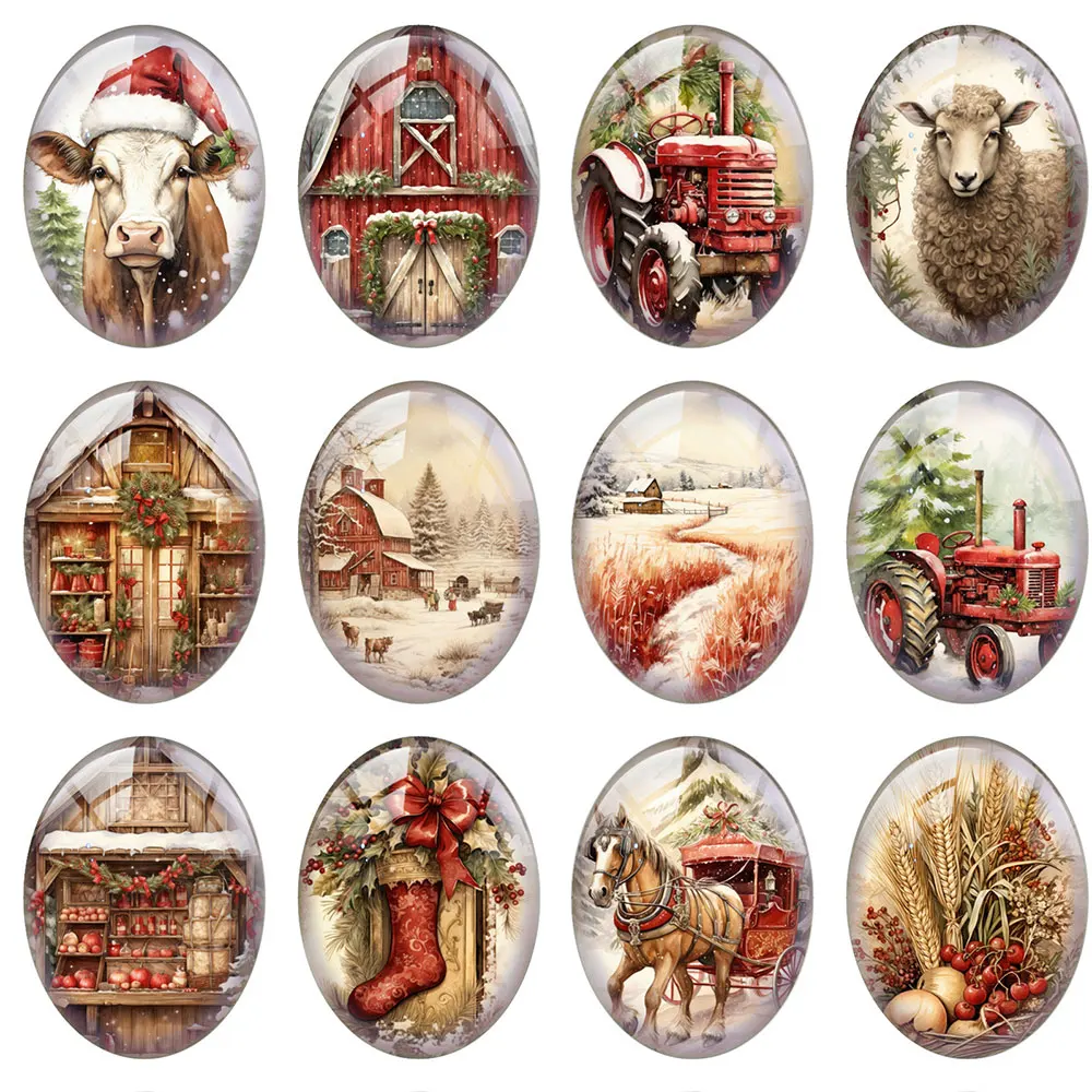 

10pcs/lot Christmas X-mas Winter Farmhouse Tree Cow Sheep Oval Photo Glass Cabochon Flatback Demo Cameo For Diy Jewelry Making