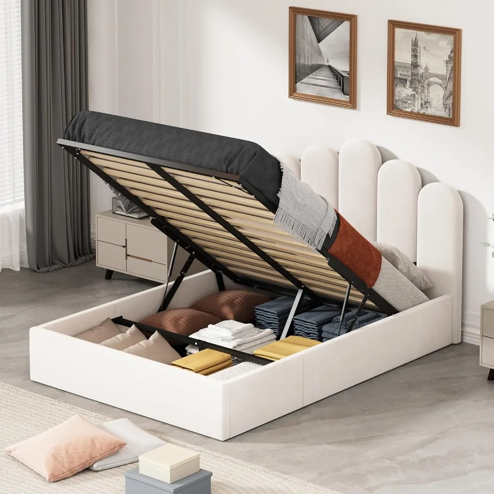 

Full Size Lift Up Bed with Storage Underneath, Velvet Upholstered Platform Bed with Modern Headboard, Hydraulic Support