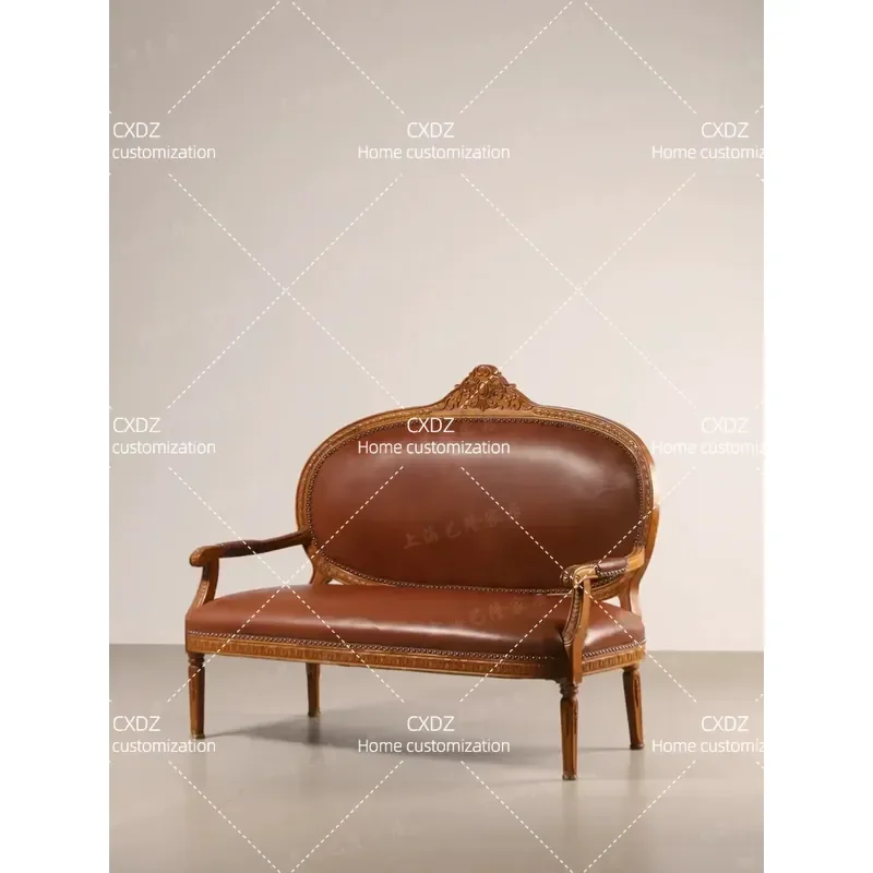Solid Wood Sofa Retro Carved Genuine Leather Double Three Seater High End Art Leisure Chair