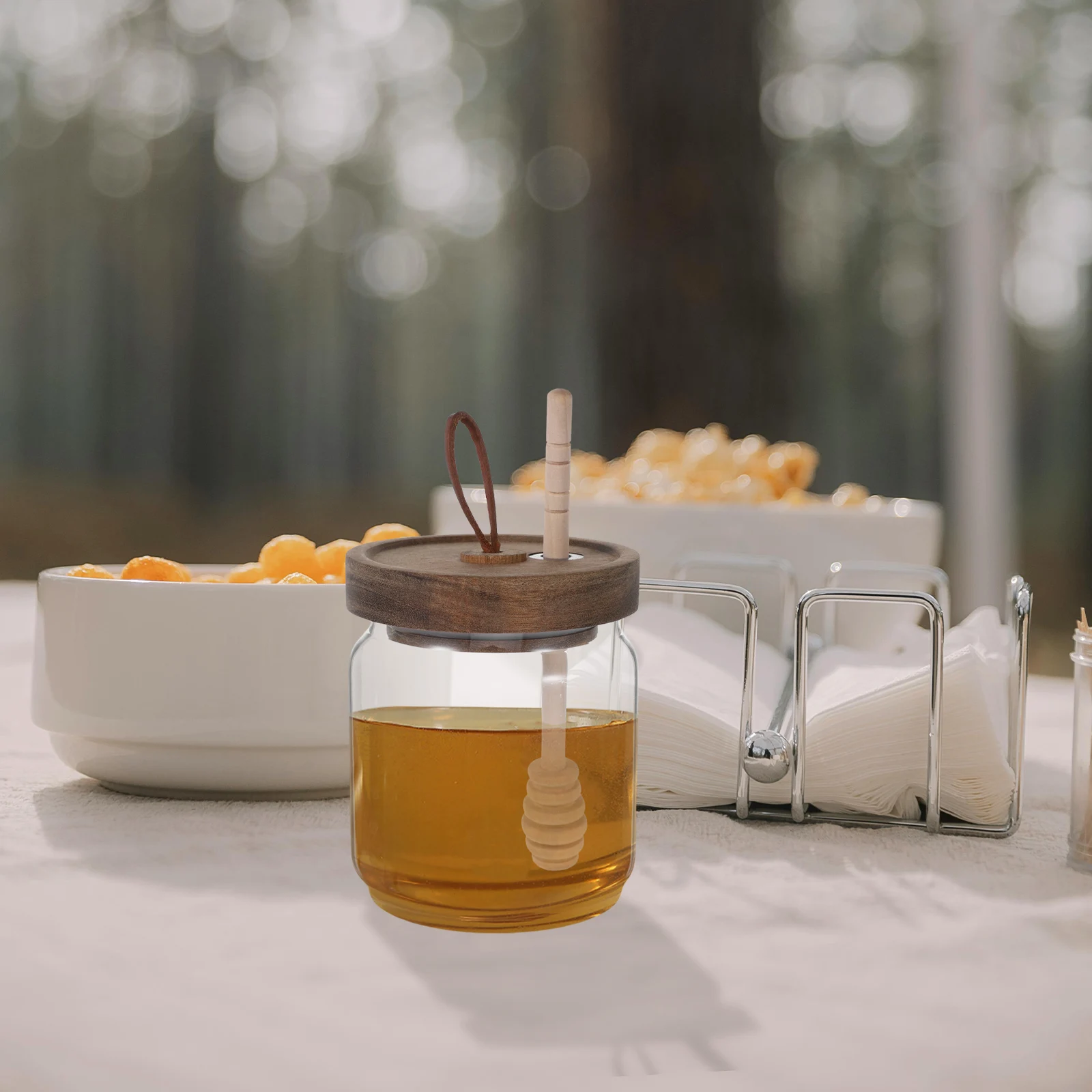 

Jar Glass Wood Dispenser Airtight Wooden Lid Honey Storage Jar Kitchen Condiment Syrup Jam Sugar Container Glass Canister Honey
