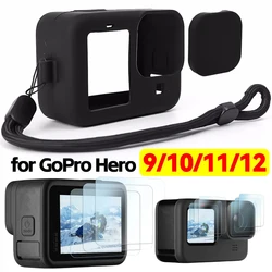 Silicone Case for GoPro Hero 12 11 10 9 Storage Box with Lanyard Screen Protector Tempered Glass Lens Cap Kit For GoPro 12