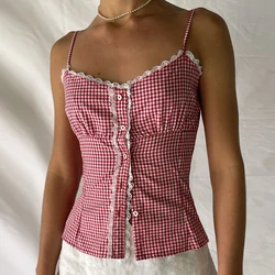 Gingham Print Y2K Coquette Vintage Vest Lace Trimming Button Up Front Camisole Adjustable Straps Sleeveless Slim Fit Crop Tops