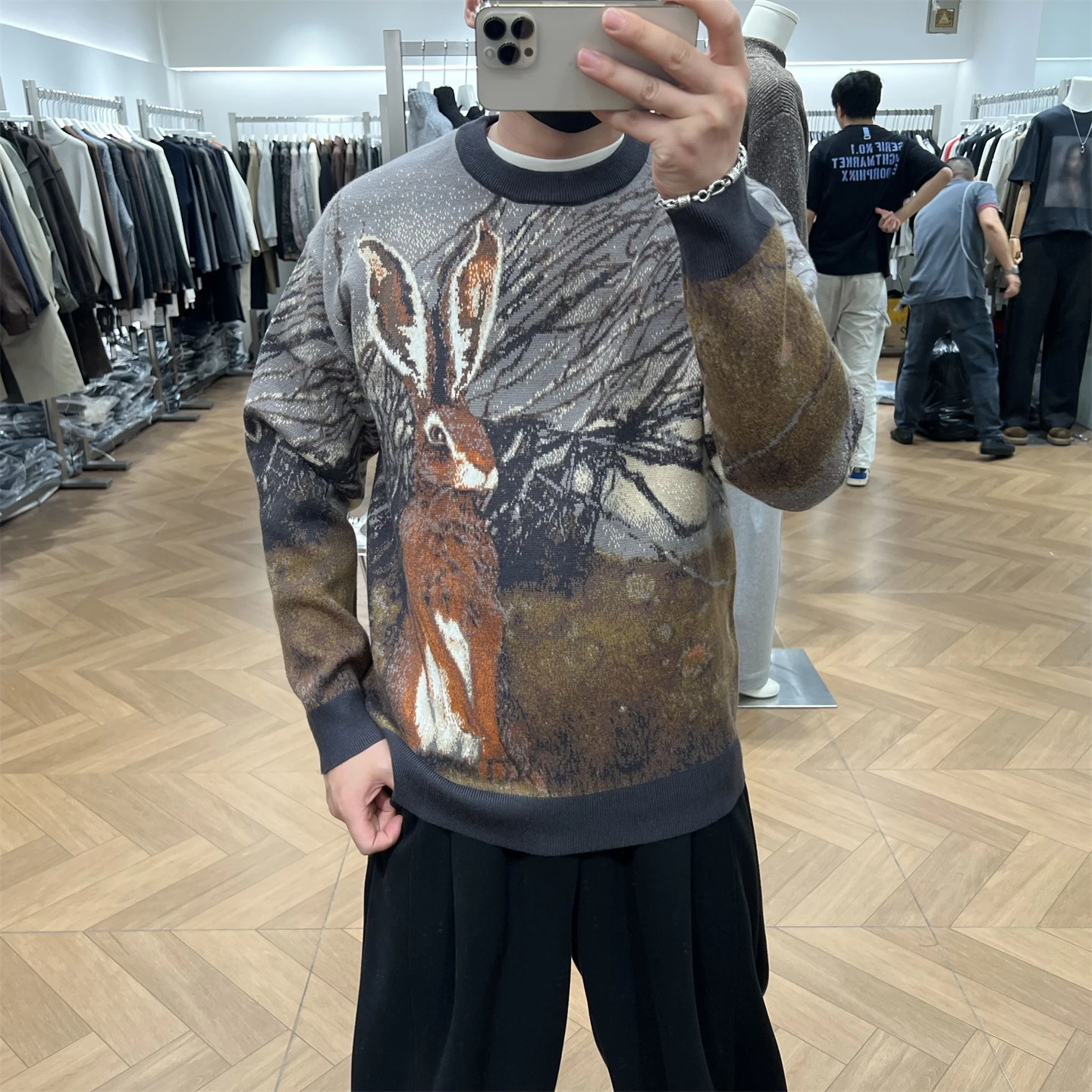 

Забавный вязаный свободный круглый пуловер с вышивкой кролика, свитер, мужской осенне-зимний американский ретро уличный трикотаж