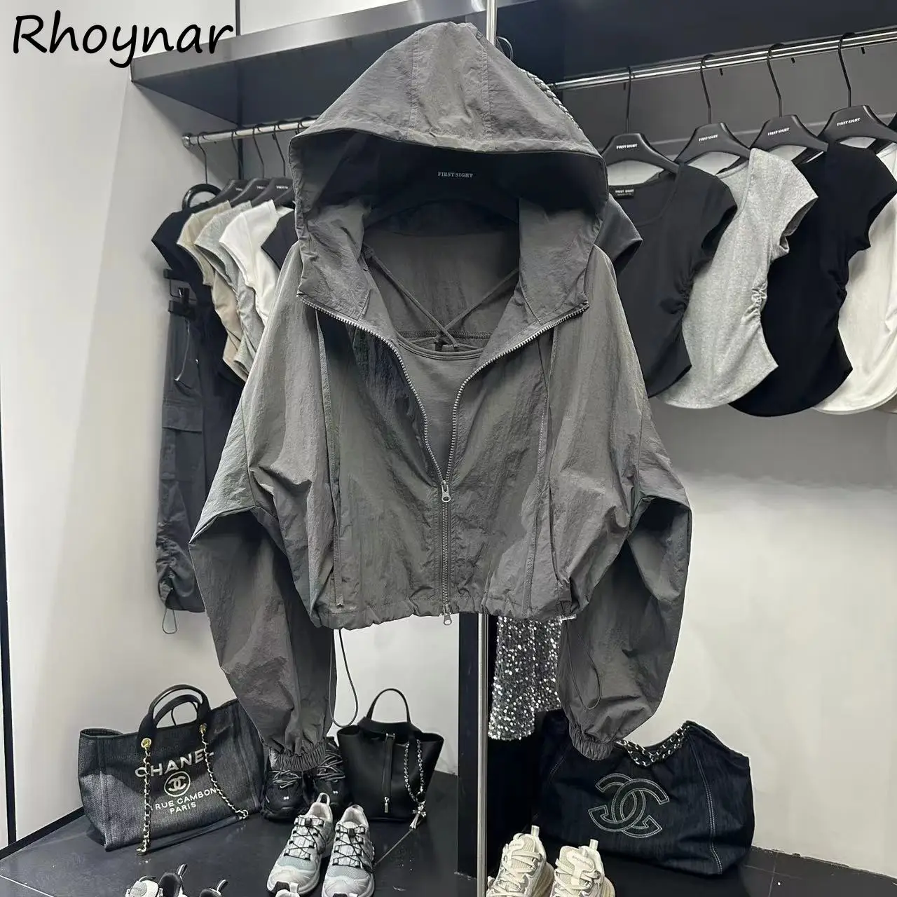 Solid Jackets Women Summer Girls Sunscreen Clothing Korean Fashion Leisure Breathable Drawstring Designed Loose Streetwear Tops