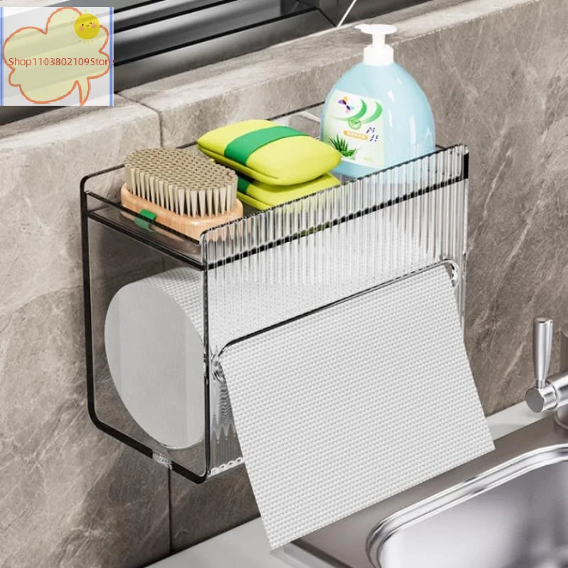 【HT】Clear Acrylic Toilet Paper Holder Wall Mounted with Non-Slip Phone Storage Shelf for Commercial Washroom