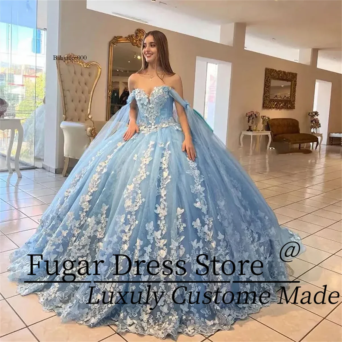 

Princess Sky Blue Quinceanera Dresses Off The Shoulder Butterfly Appliques Sweet Dress For Birthday Tulle Ball Gown Vestidos De