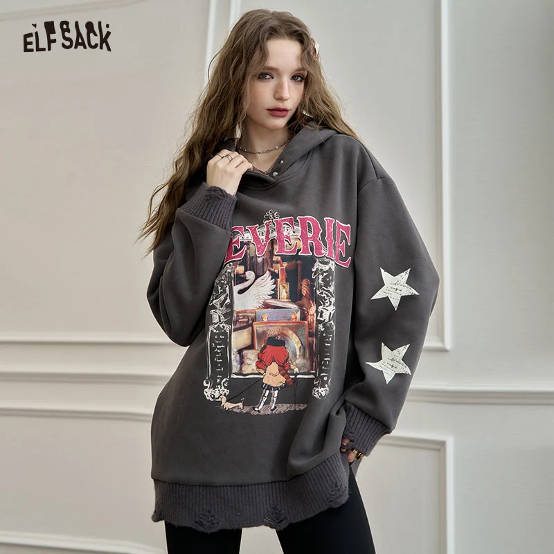 ELFSACK 2024 Winter New Arrivals Retro star cartoon printed hoodie for women