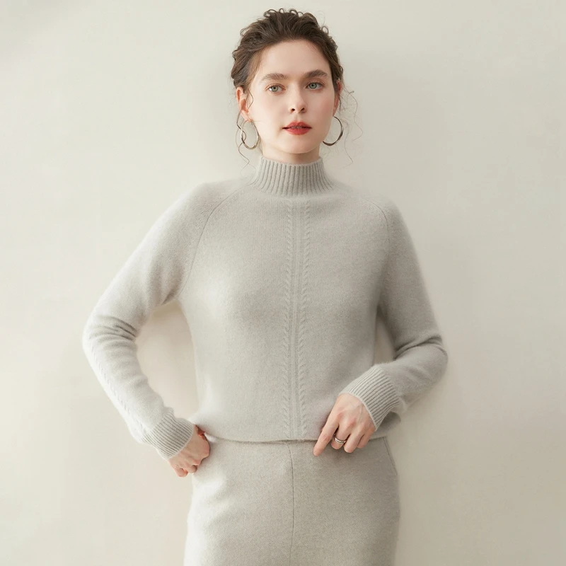 

New Fashion Autumn Winter Woman Thick Warm Cable Knitted Pullover Sweater Classy Half High Neck Women 100% Cashmere Sweater