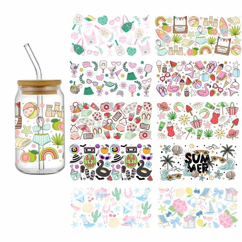 3D Summer Series UV DTF Beach Surfing Design Transfer Sticker Wraps Cups Fruits Swim Design Cartoon Waterproof Sticker DIY