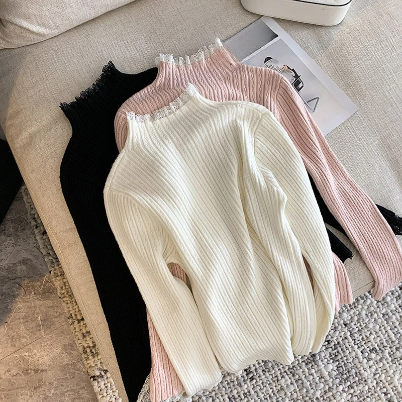 

Осенний элегантный кружевной лоскутный водолазка, женский свитер, повседневный вязаный пуловер с длинными рукавами, корейский тонкий топ, женский 2025